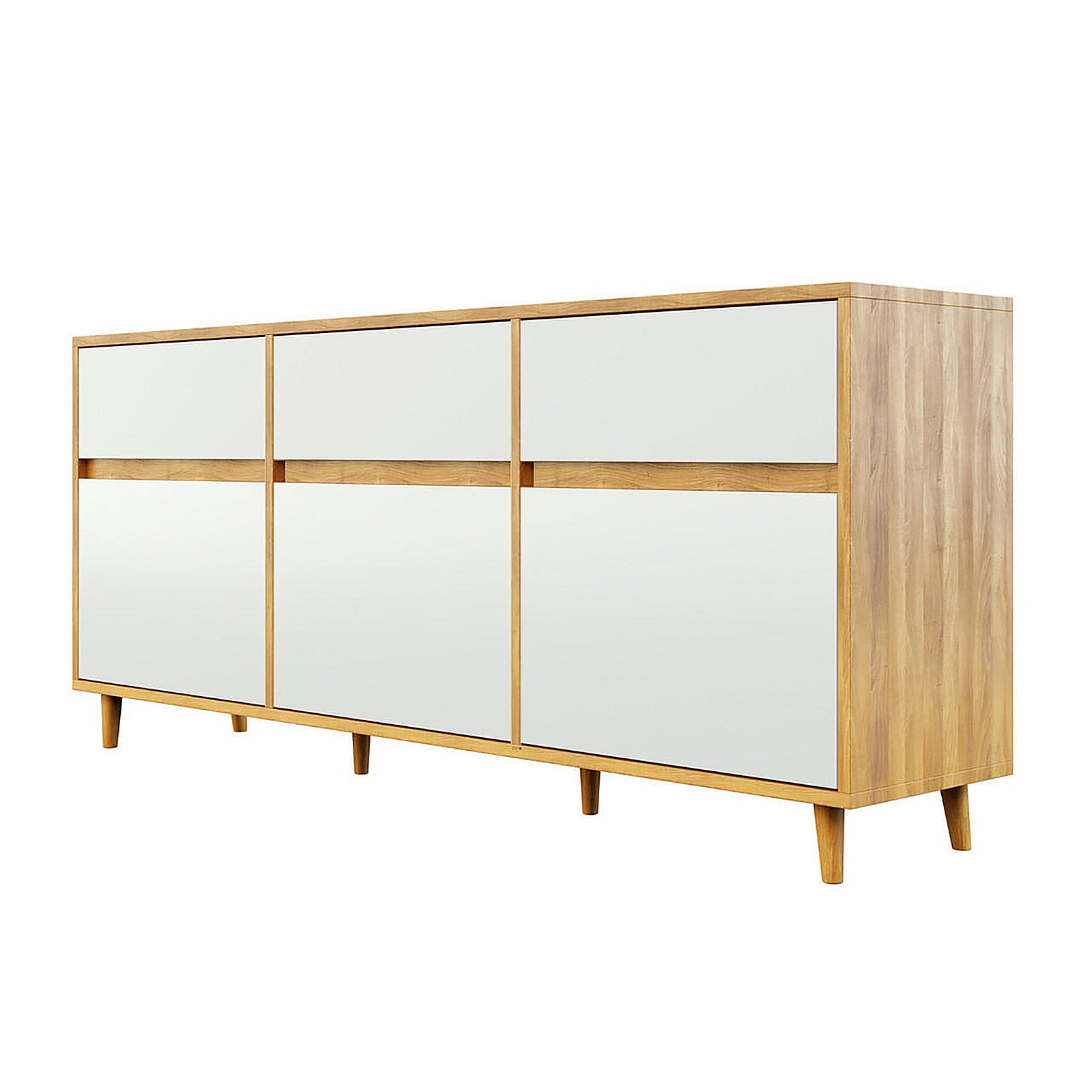 Ezra 6-Drawer Buffet Unit features a sleek design with a smooth matte finish, showcasing three top drawers and three larger bottom drawers, ideal for stylish storage and display in any room.