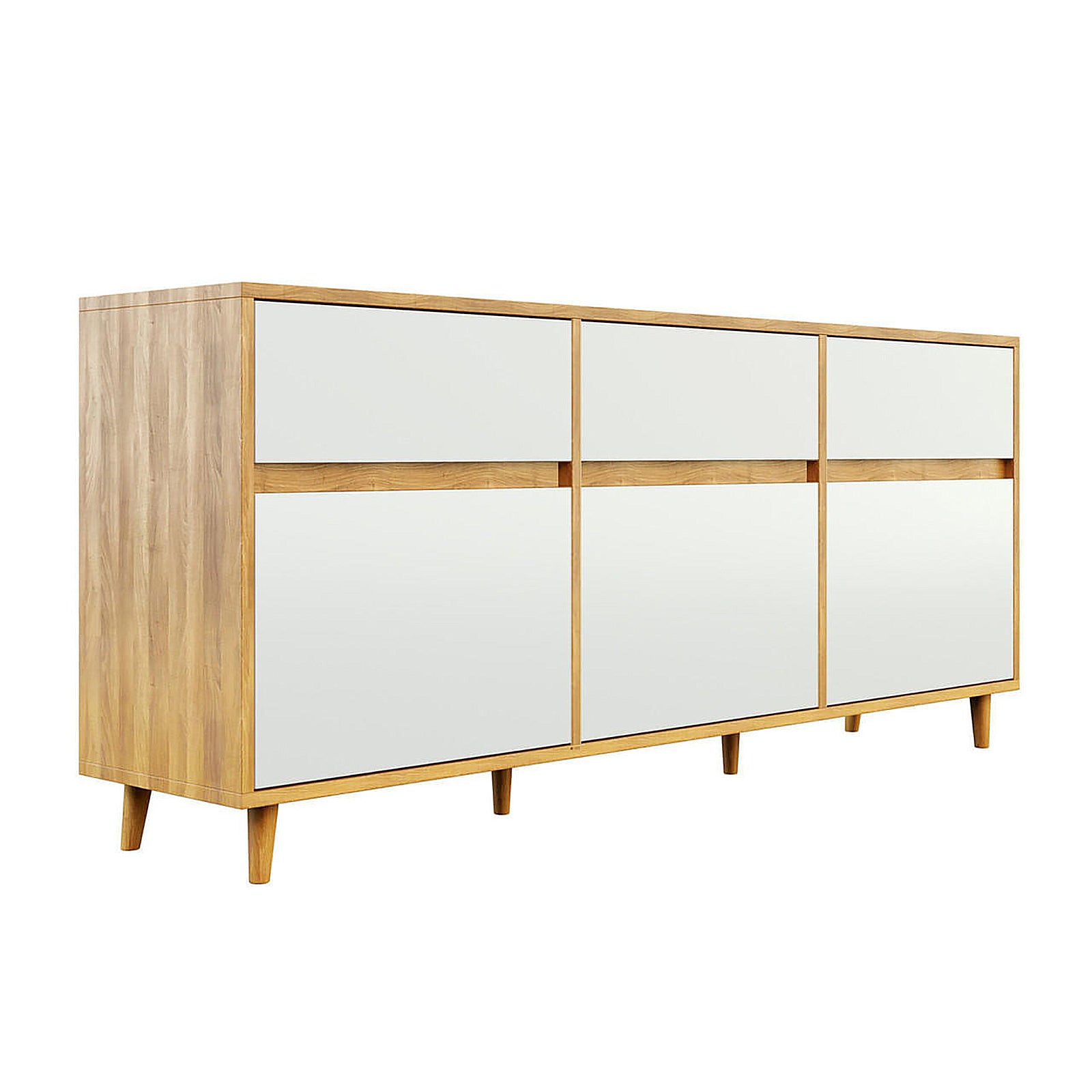 Ezra 6 Drawer Buffet Unit Natural/White, featuring a sleek matte finish with three top and three larger bottom drawers, crafted from engineered timber, ideal for showcasing decor and providing ample storage.