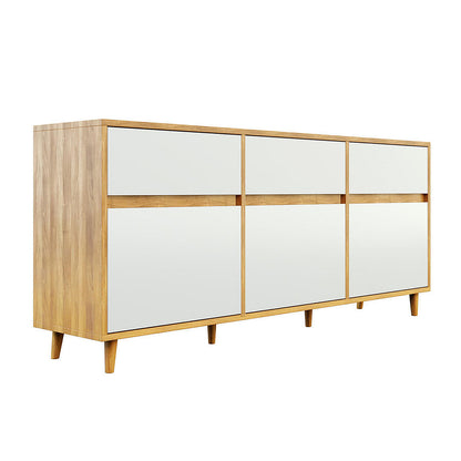 Ezra 6 Drawer Buffet Unit Natural/White, featuring a sleek matte finish with three top and three larger bottom drawers, crafted from engineered timber, ideal for showcasing decor and providing ample storage.