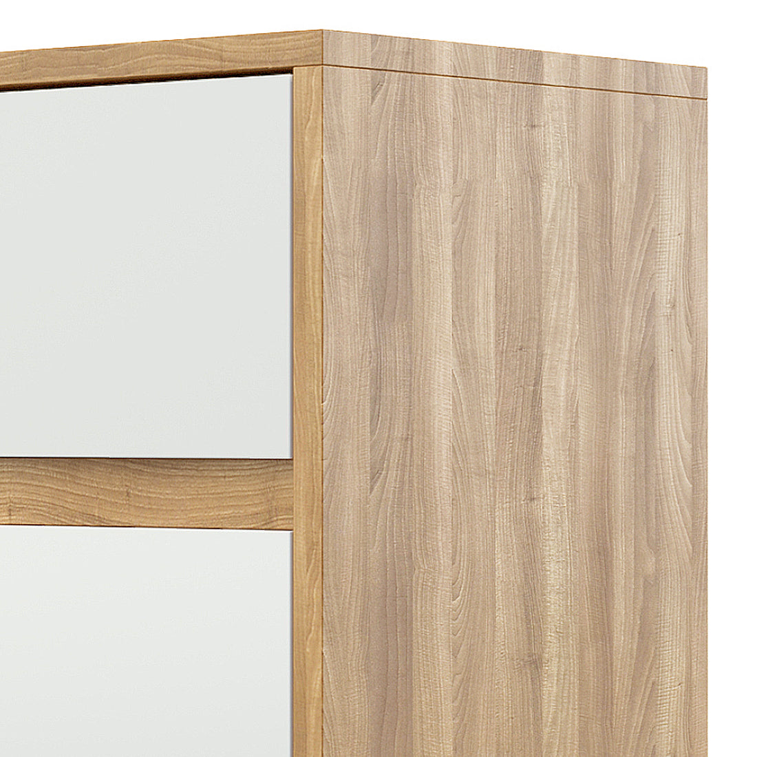 Ezra 6 Drawer Buffet Unit Natural/White features a wooden frame with white panels. It includes three top drawers and three larger bottom drawers, offering ample storage and a sleek, modern design.