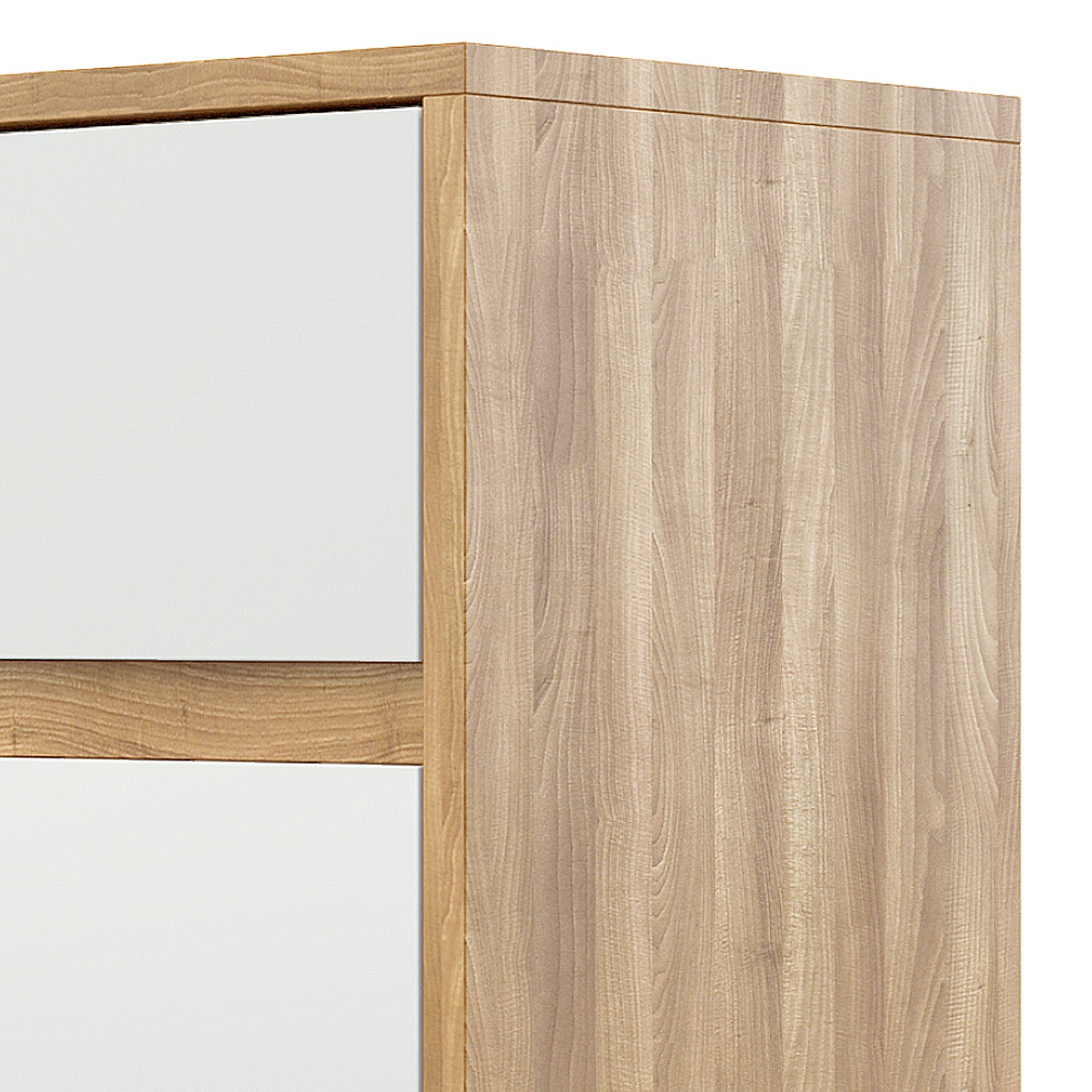 Ezra 6 Drawer Buffet Unit Natural/White features a wooden frame with white panels. It includes three top drawers and three larger bottom drawers, offering ample storage and a sleek, modern design.