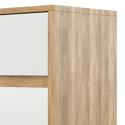 Ezra 6 Drawer Buffet Unit Natural/White features a wooden frame with white panels. It includes three top drawers and three larger bottom drawers, offering ample storage and a sleek, modern design.