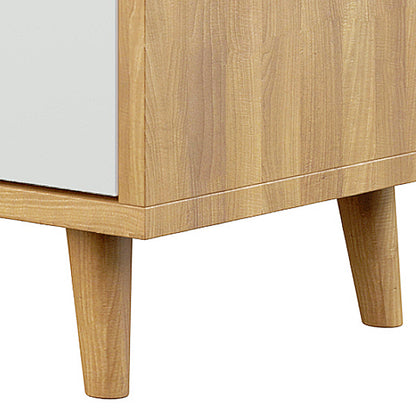 Ezra 6 Drawer Buffet Unit Natural/White close-up showcases smooth, matte wooden finish, highlighting three smaller top drawers and three larger bottom drawers, perfect for versatile home storage and display.