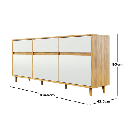 Ezra 6 Drawer Buffet Unit Natural/White featuring a close-up of its engineered timber panel and white board with wooden frame, highlighting its smooth matte finish and modern design with six drawers.