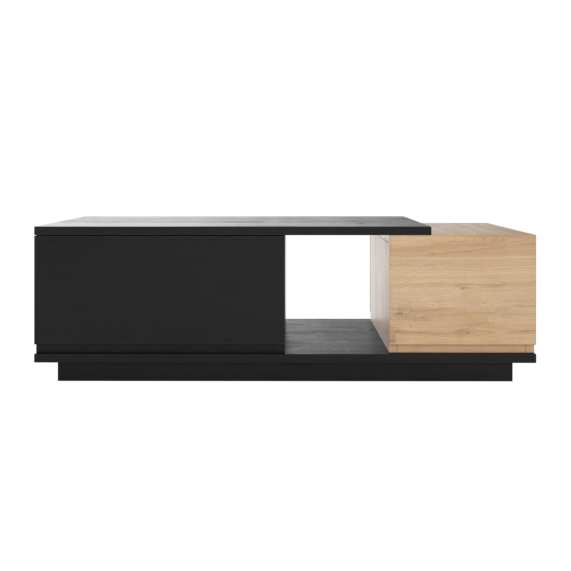 Freda 120cm Coffee Table with Storage in Black & Natural features a sleek two-tone design with a matte black and light oak finish, open shelf, and floating base for modern elegance.