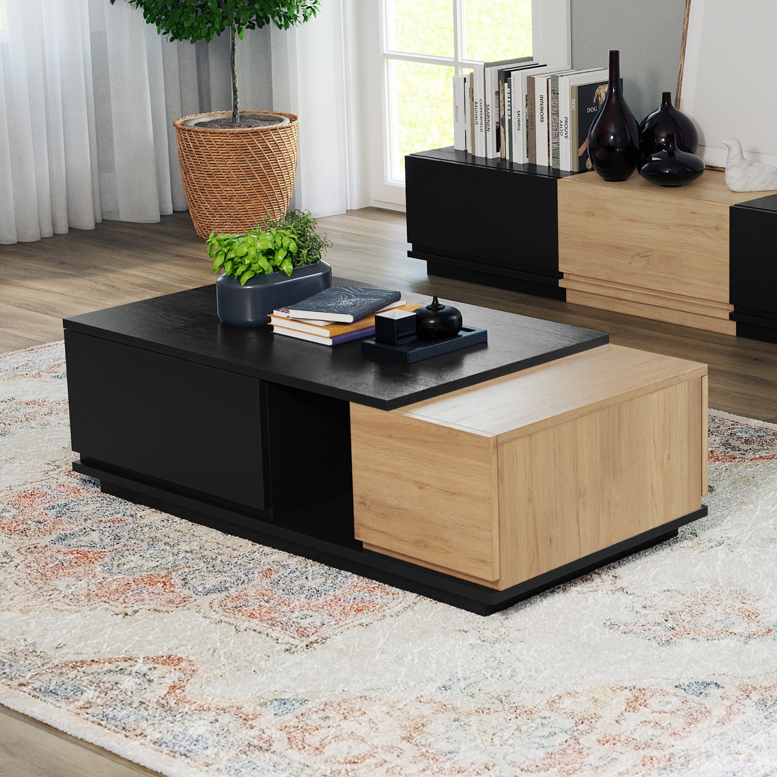 Freda 120cm Coffee Table with Storage in Black & Natural features a dual-tone design with a shallow planter, books, and decor atop, complemented by a matching sideboard and ambient room elements.