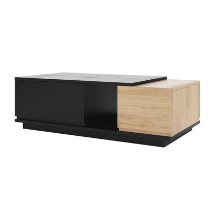 Freda 120cm Coffee Table with Storage in Black & Natural, featuring a matte black and light oak block design on a black plinth base, showcasing a minimalist, contemporary aesthetic.