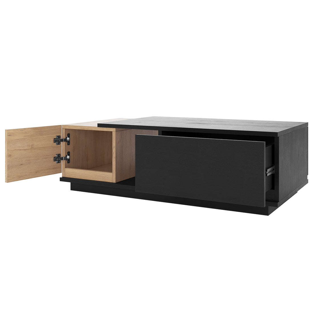 Freda 120cm Coffee Table with Storage - Black & Natural showcasing its sleek design, robust hinges on the side swing cabinet door, and smooth-gliding drawer, highlighting its modern functionality and storage capacity.
