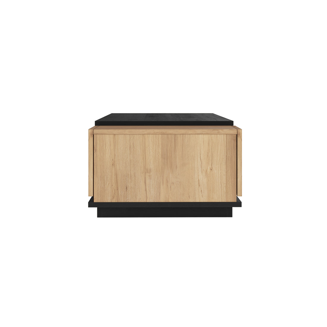 Freda 120cm Coffee Table with Storage in Black & Natural, featuring a minimalist design with a light oak body, black top, and base. The front panel conceals storage, creating a sleek, contemporary look.