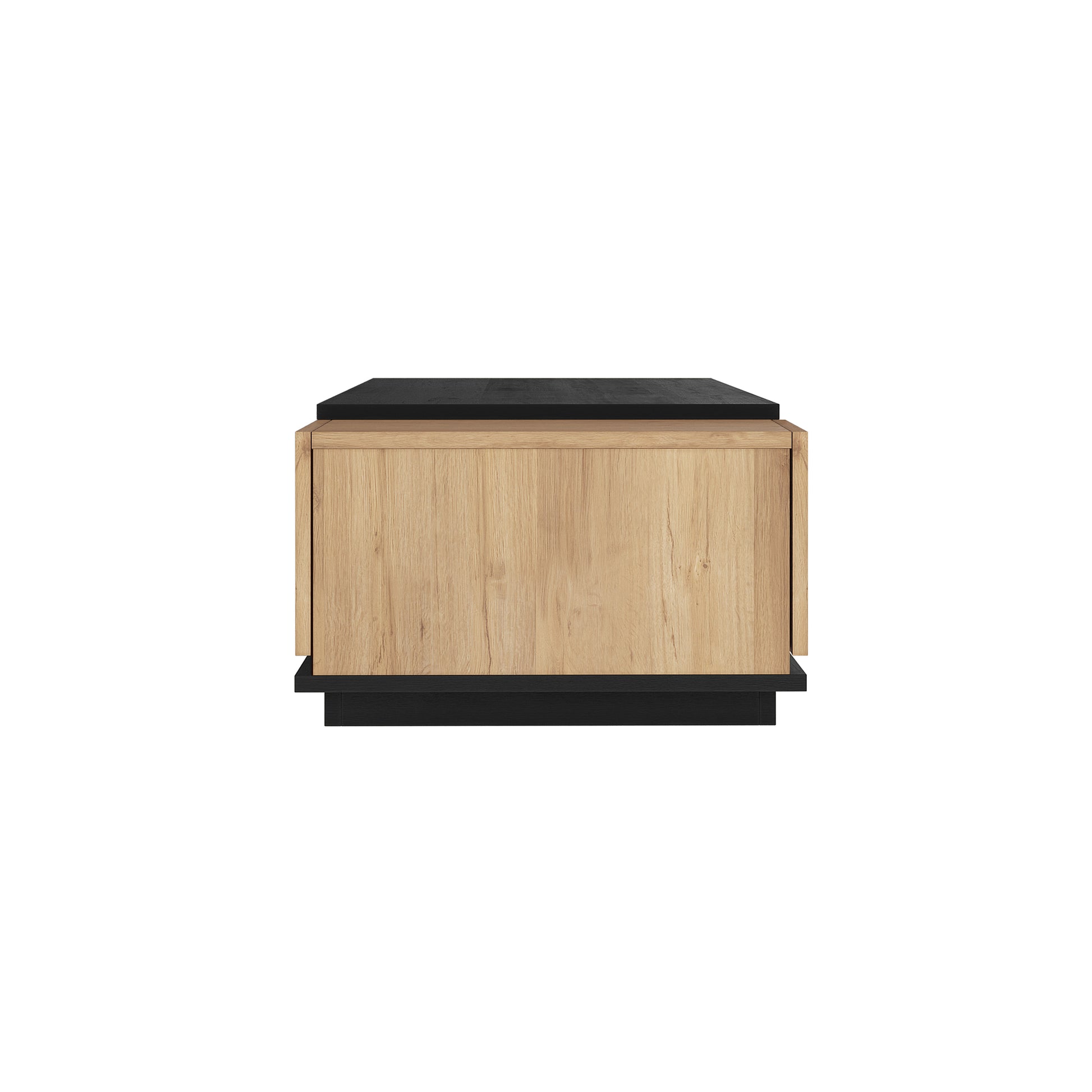 Freda 120cm Coffee Table with Storage in Black & Natural, featuring a minimalist design with a light oak body, black top, and base. The front panel conceals storage, creating a sleek, contemporary look.