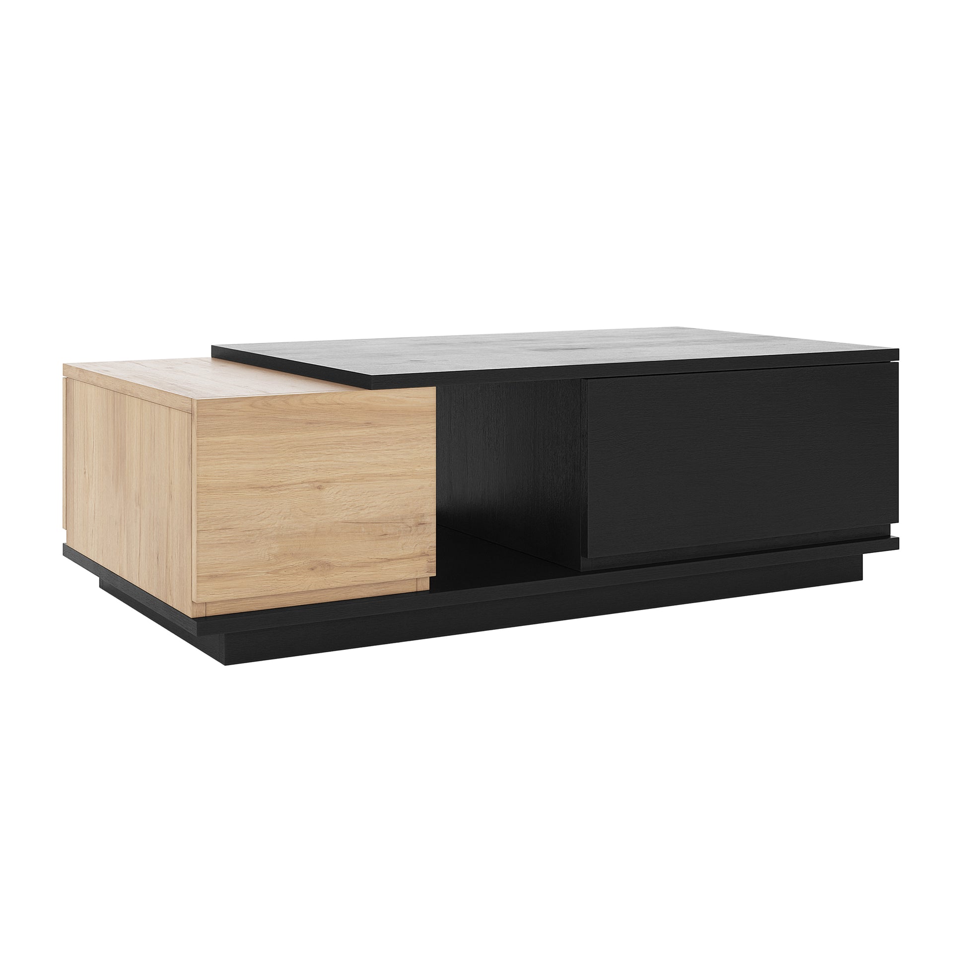 Freda 120cm Coffee Table with Storage in Black & Natural features a low-profile, two-tone wood design with hidden storage, blending sleek aesthetics and functionality on a black plinth base.