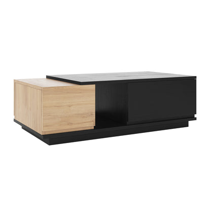 Freda 120cm Coffee Table with Storage in Black & Natural features a low-profile, two-tone wood design with hidden storage, blending sleek aesthetics and functionality on a black plinth base.