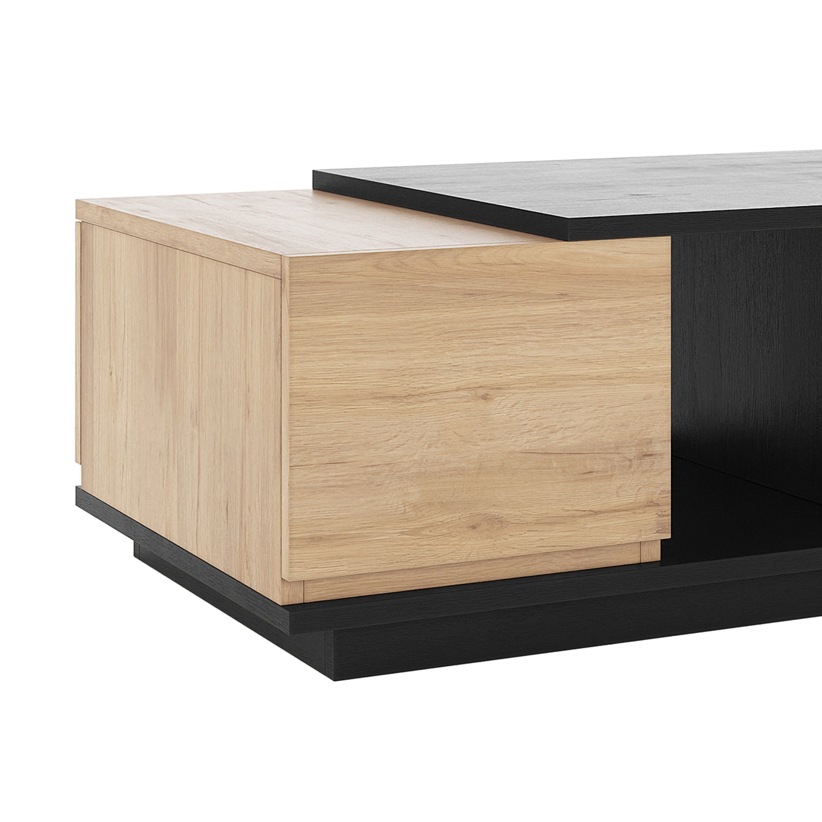 Freda 120cm Coffee Table with Storage in Black & Natural features a light oak-finish box on a black base and surface, highlighting its modern design and practical storage capabilities.