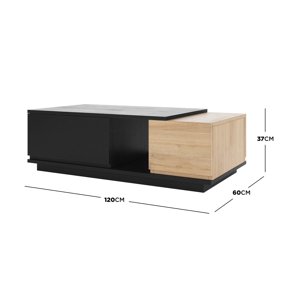 Freda 120cm Coffee Table with Storage in Black & Natural, featuring two interlocking modules with a matte black finish and light-oak veneer, offering a layered look and practical storage options.