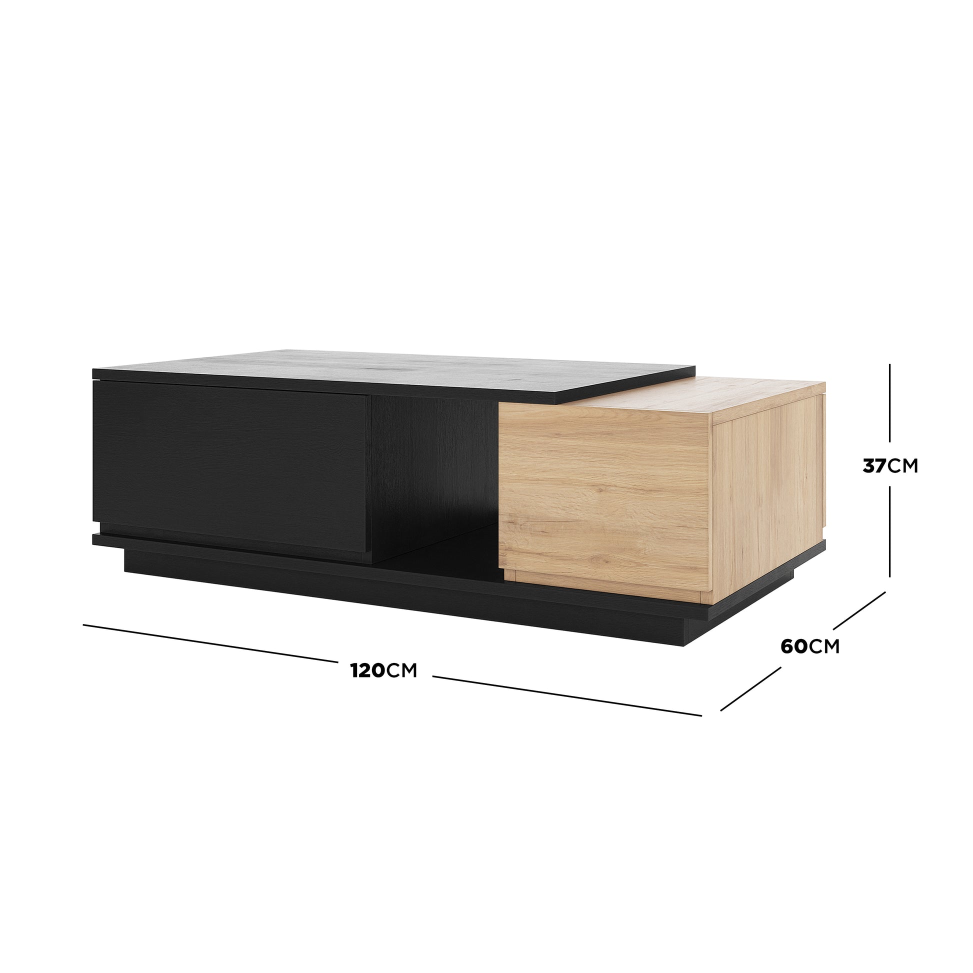 Freda 120cm Coffee Table with Storage in Black & Natural, featuring two interlocking modules with a matte black finish and light-oak veneer, offering a layered look and practical storage options.