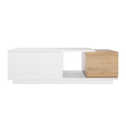 Freda 120cm Coffee Table with Storage in White & Natural, featuring a sleek, minimalist design with a white panel, open shelf, and oak-toned storage block, perfect for modern living rooms.