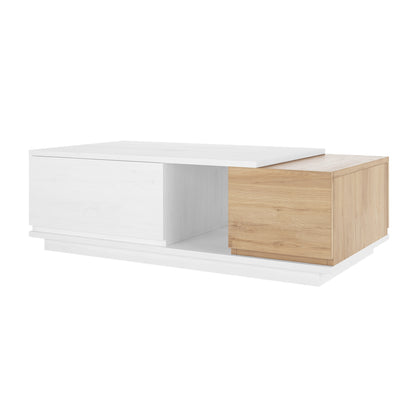 Freda 120cm Coffee Table with Storage - White & Natural: A sleek, rectangular table featuring a white top, natural wood accents, and integrated storage with a swing-door cabinet and spacious drawer for organization.