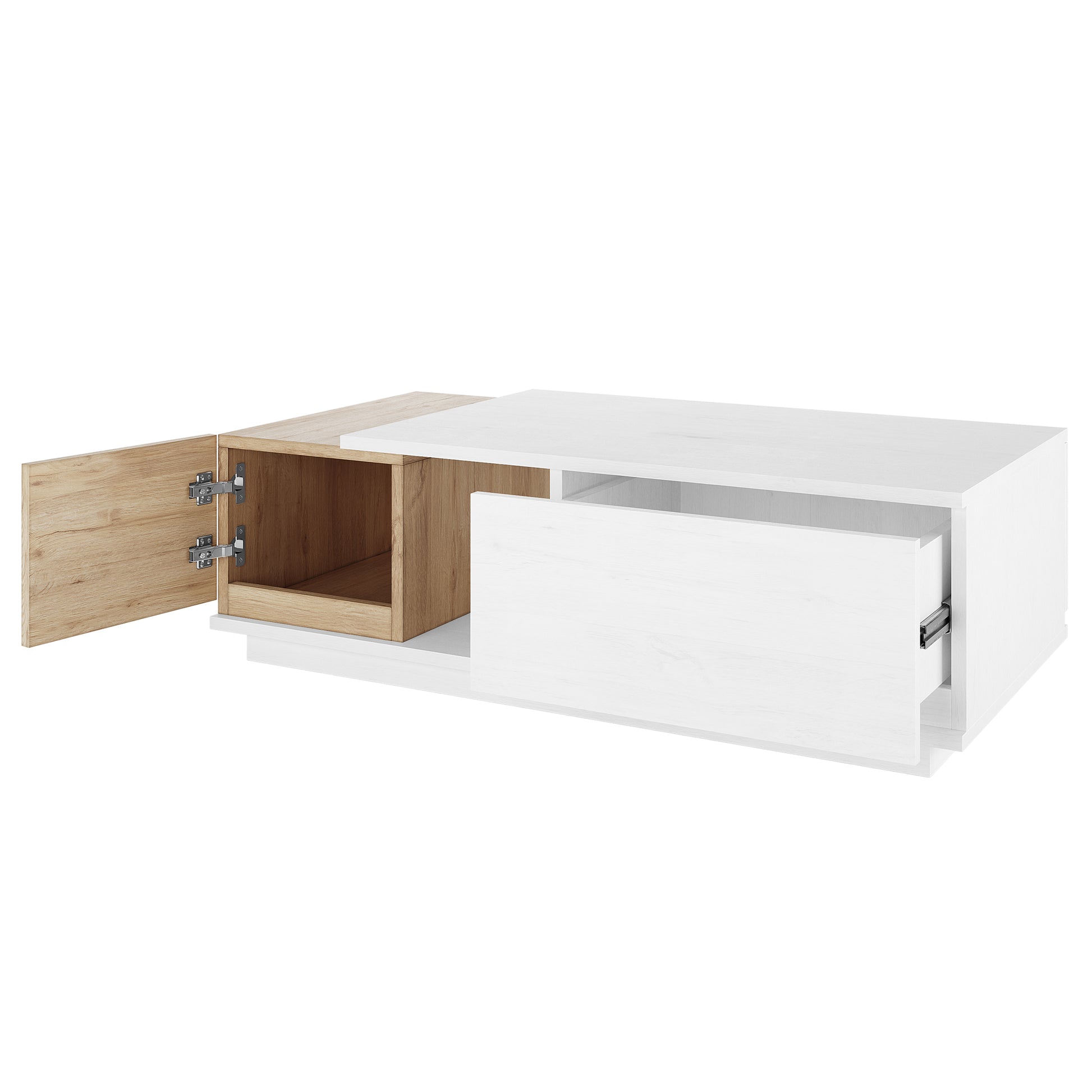Freda 120cm Coffee Table with Storage in White & Natural, featuring a white outer frame, natural oak interior, swing-door cupboard, and a partially open white drawer, showcasing a sleek, modern design.