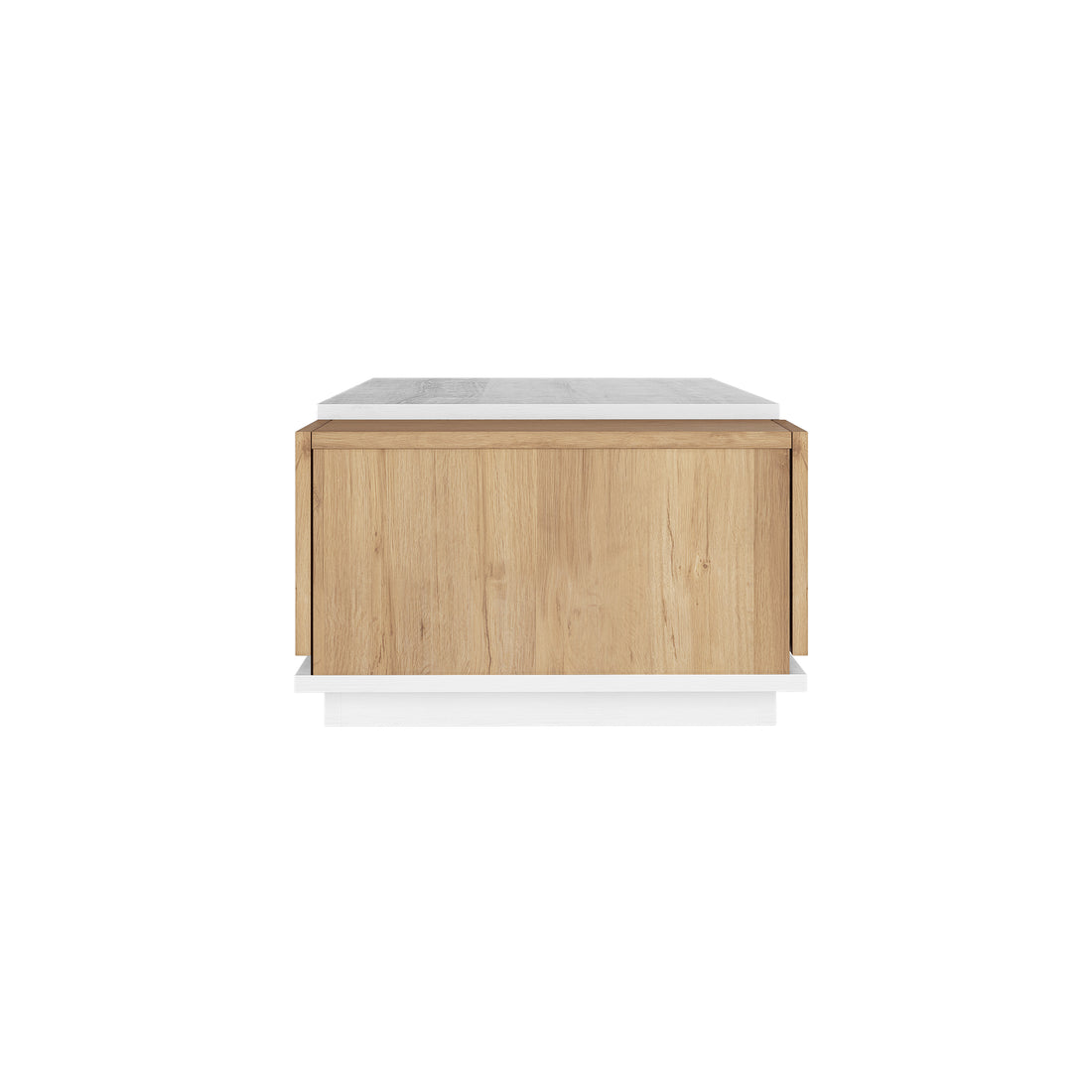 Freda 120cm Coffee Table with Storage in White & Natural, showcasing a cube shape with light wood panels, a white top, and base. Features a swing-door cabinet and drawer for stylish storage.