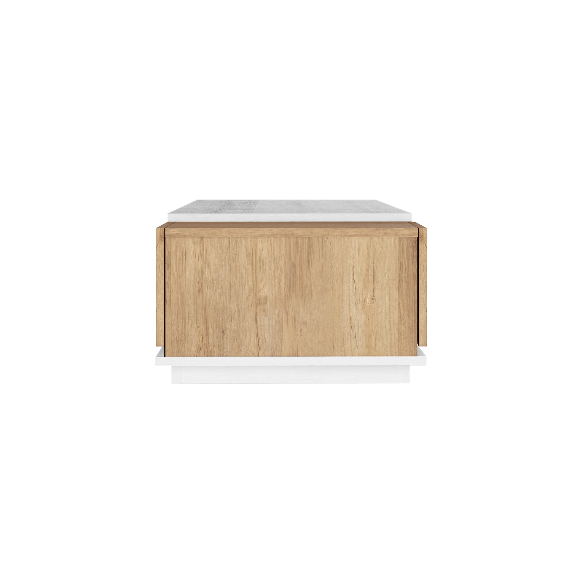 Freda 120cm Coffee Table with Storage in White & Natural, showcasing a cube shape with light wood panels, a white top, and base. Features a swing-door cabinet and drawer for stylish storage.