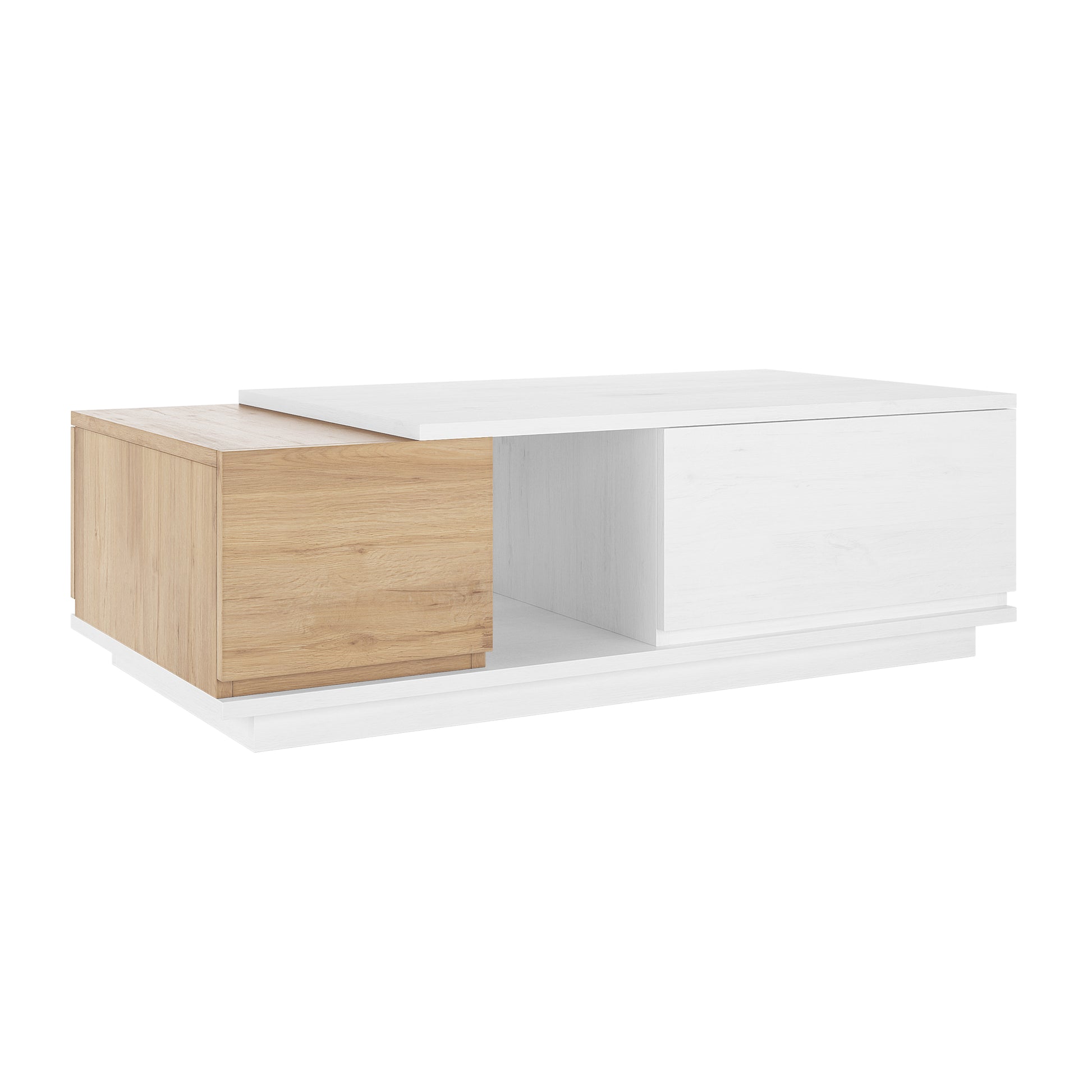 Freda 120cm Coffee Table with Storage in White & Natural features a modern design with white and light-oak panels, open cubby, and sliding compartments, perfect for minimalist and Scandinavian interiors.