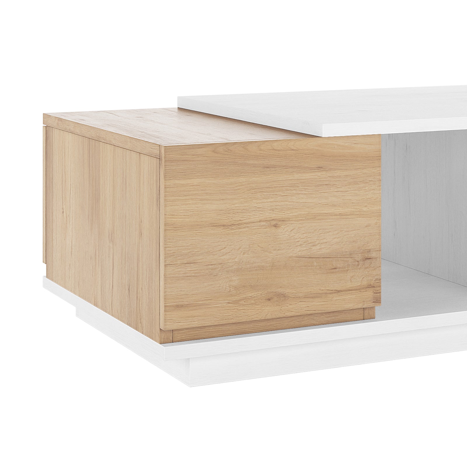 Freda 120cm Coffee Table with Storage in White & Natural, featuring a minimalist design with a white laminated top, light oak-grain storage cube, open shelf, and closed-front compartment.