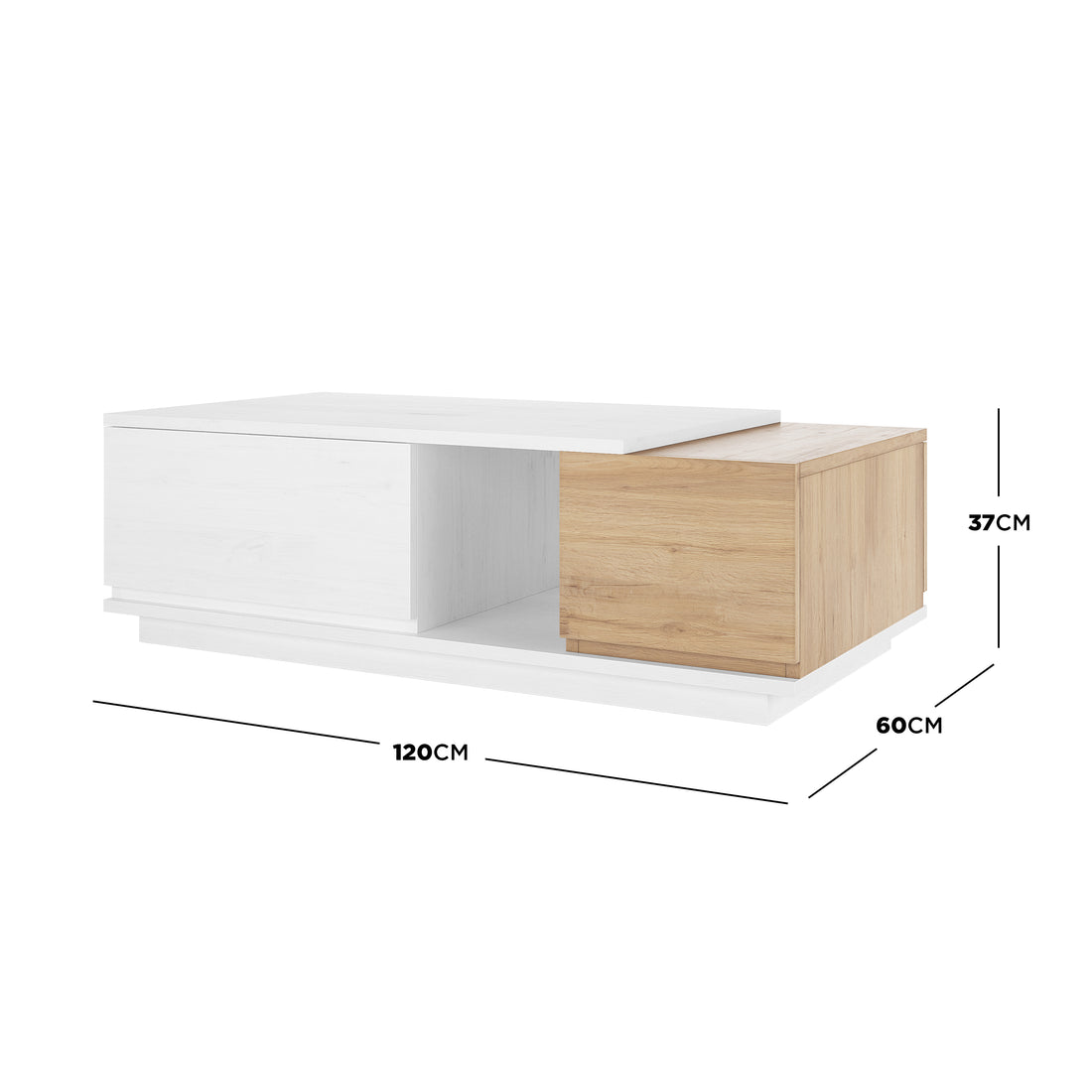 Freda 120cm Coffee Table with Storage in White & Natural, showcasing a two-tone design with one half white, the other light oak, featuring a swing-door cabinet and drawer for storage.