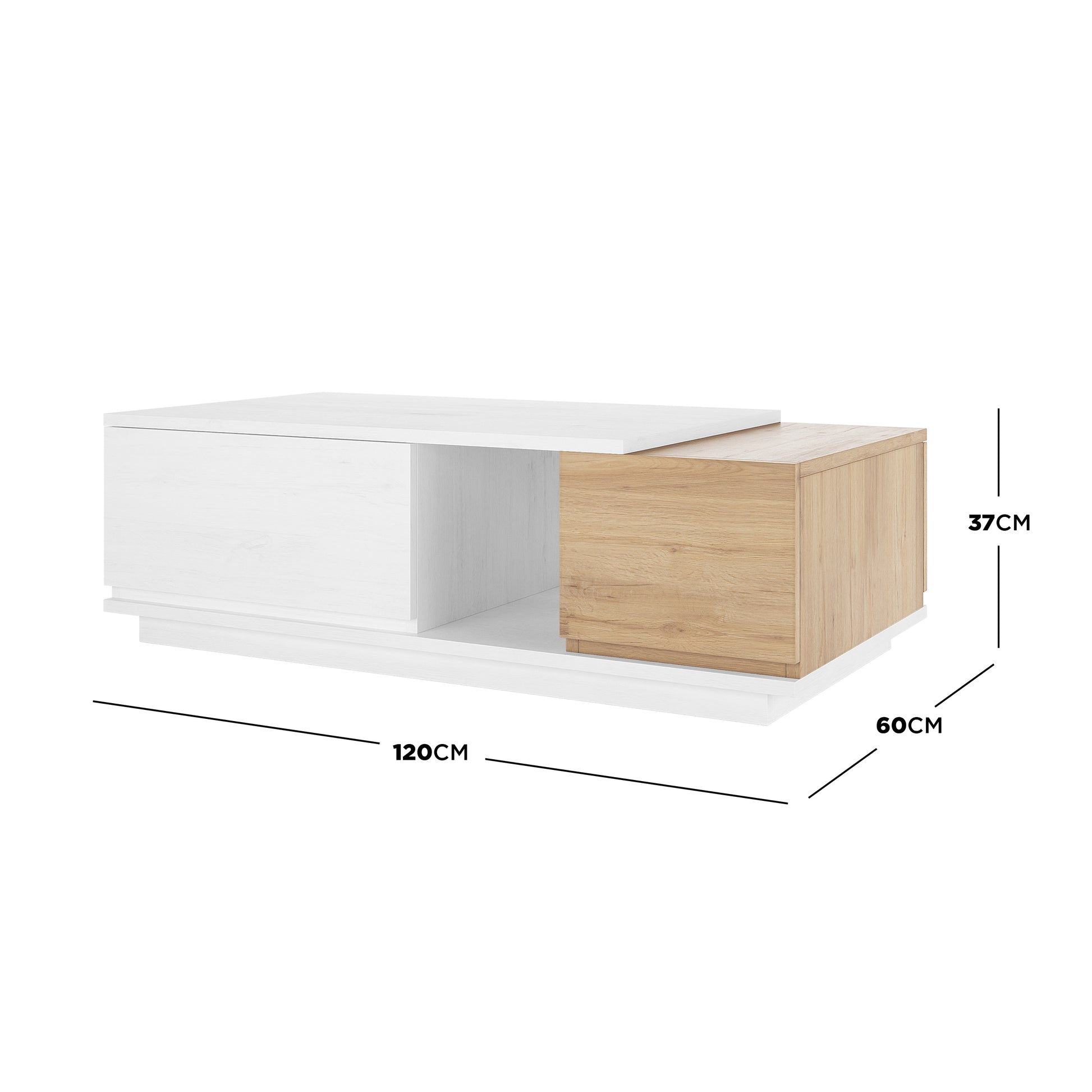 Freda 120cm Coffee Table with Storage in White & Natural, showcasing a two-tone design with one half white, the other light oak, featuring a swing-door cabinet and drawer for storage.