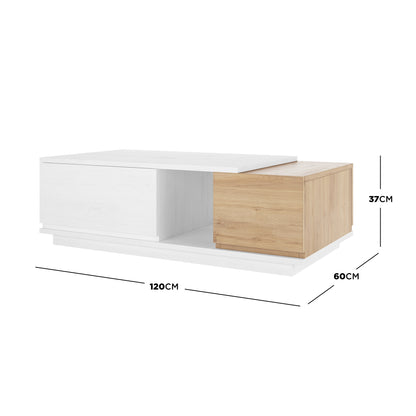 Freda 120cm Coffee Table with Storage in White & Natural, showcasing a two-tone design with one half white, the other light oak, featuring a swing-door cabinet and drawer for storage.