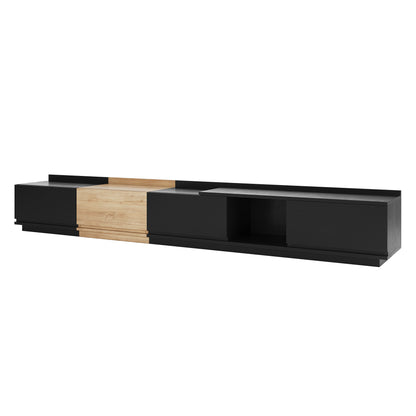 Freda 280cm Modular Entertainment TV Unit in Black & Natural, featuring a sleek, low-profile design with black panels and a central wood-grain panel, offering modern storage with sliding doors.