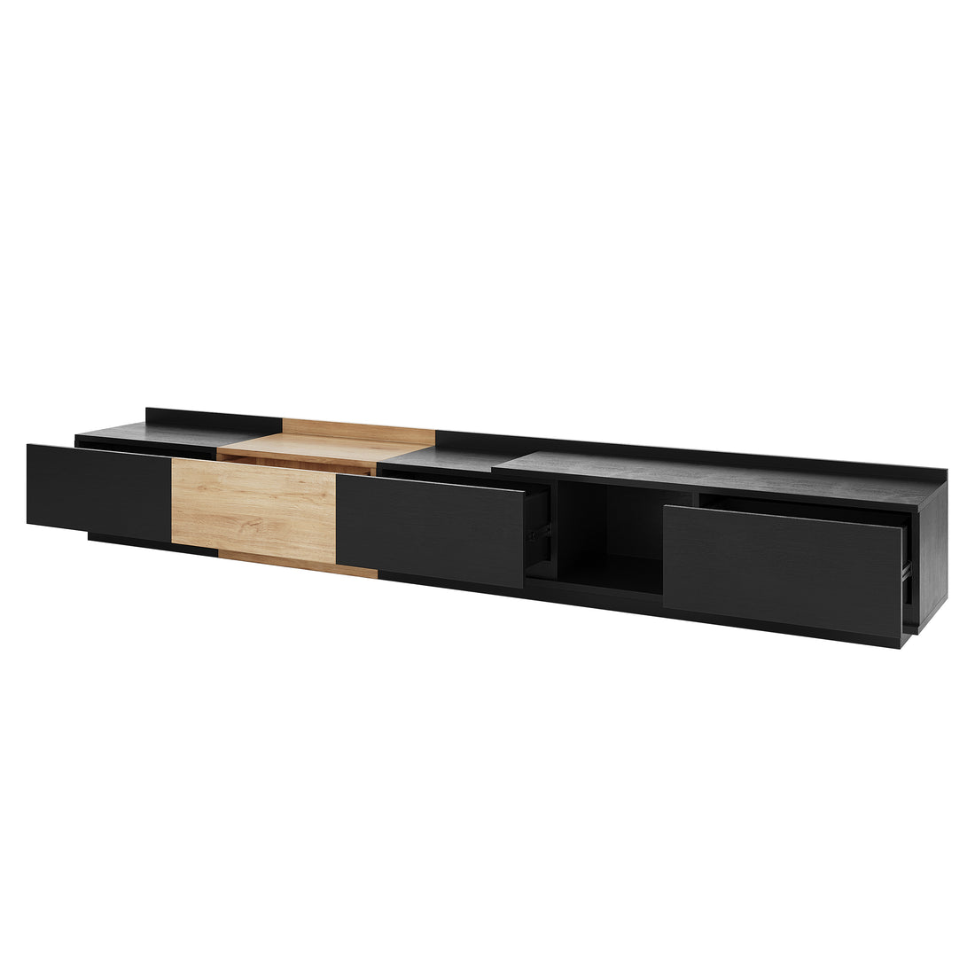 Freda 280cm Modular Entertainment Unit - Black & Natural features a sleek two-tone design with drawers and open compartments for electronics and media storage, shown in a studio setting.