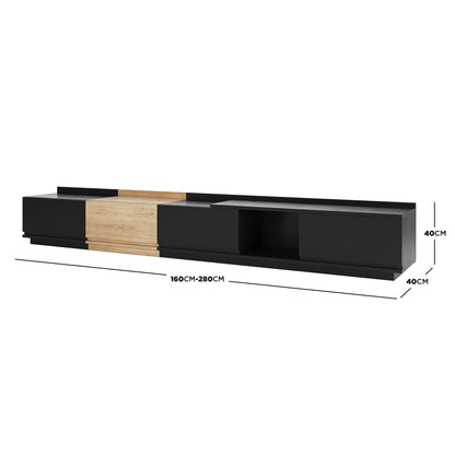 Freda 280cm Modular Entertainment TV Unit in Black & Natural with adjustable length, features alternating panels, a central open cubby, and measures 40cm in depth and height.