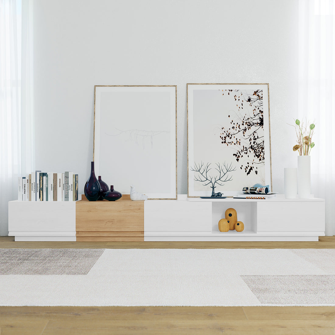 Freda 280cm Modular Entertainment TV Unit in White & Natural, featuring two-tone design with picture frames, books, vases, and decorative items, embodies Scandinavian minimalism in a cozy living room setting.