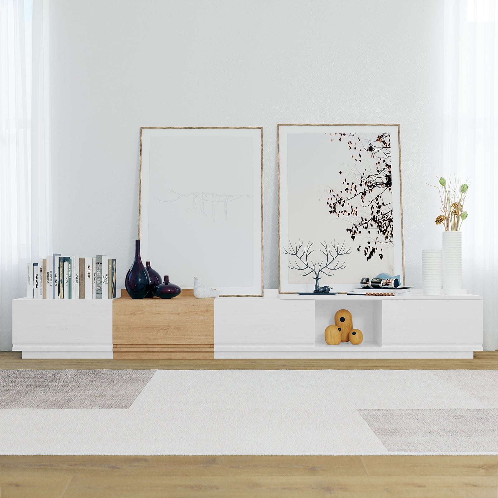 Freda 280cm Modular Entertainment TV Unit in White & Natural, featuring two-tone design with picture frames, books, vases, and decorative items, embodies Scandinavian minimalism in a cozy living room setting.