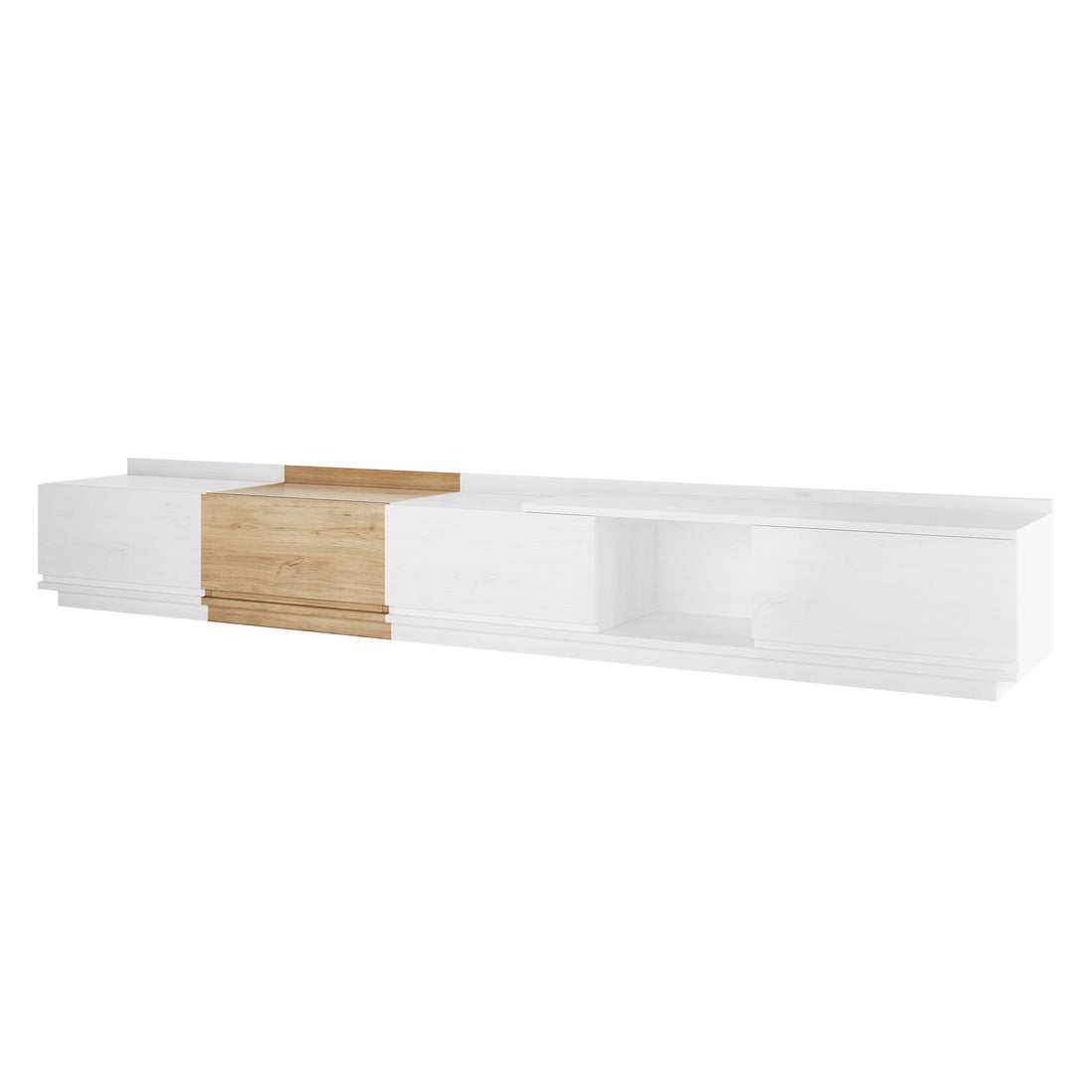 Freda 280cm Modular Entertainment Unit - White & Natural: A minimalist, low-profile sideboard with a white finish and central natural wood panel, ideal for storage under a wall-hung TV.