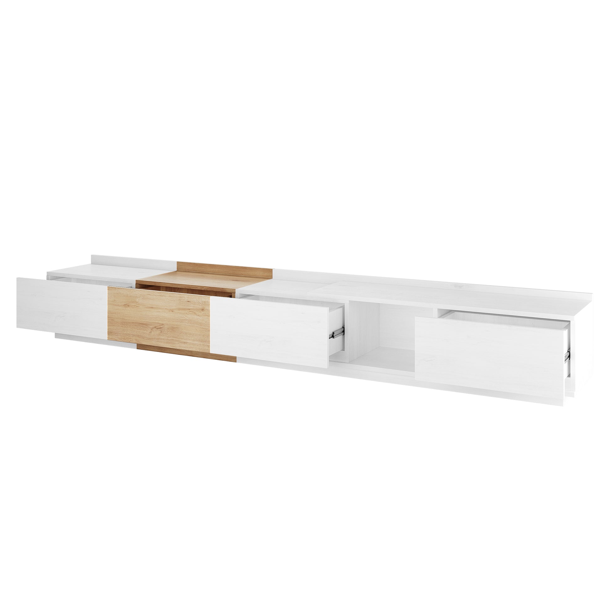 Freda 280cm Modular Entertainment TV Unit in White & Natural features a minimalist design with matte white and light oak finishes, multiple drawer compartments, and an open cubby for media storage.