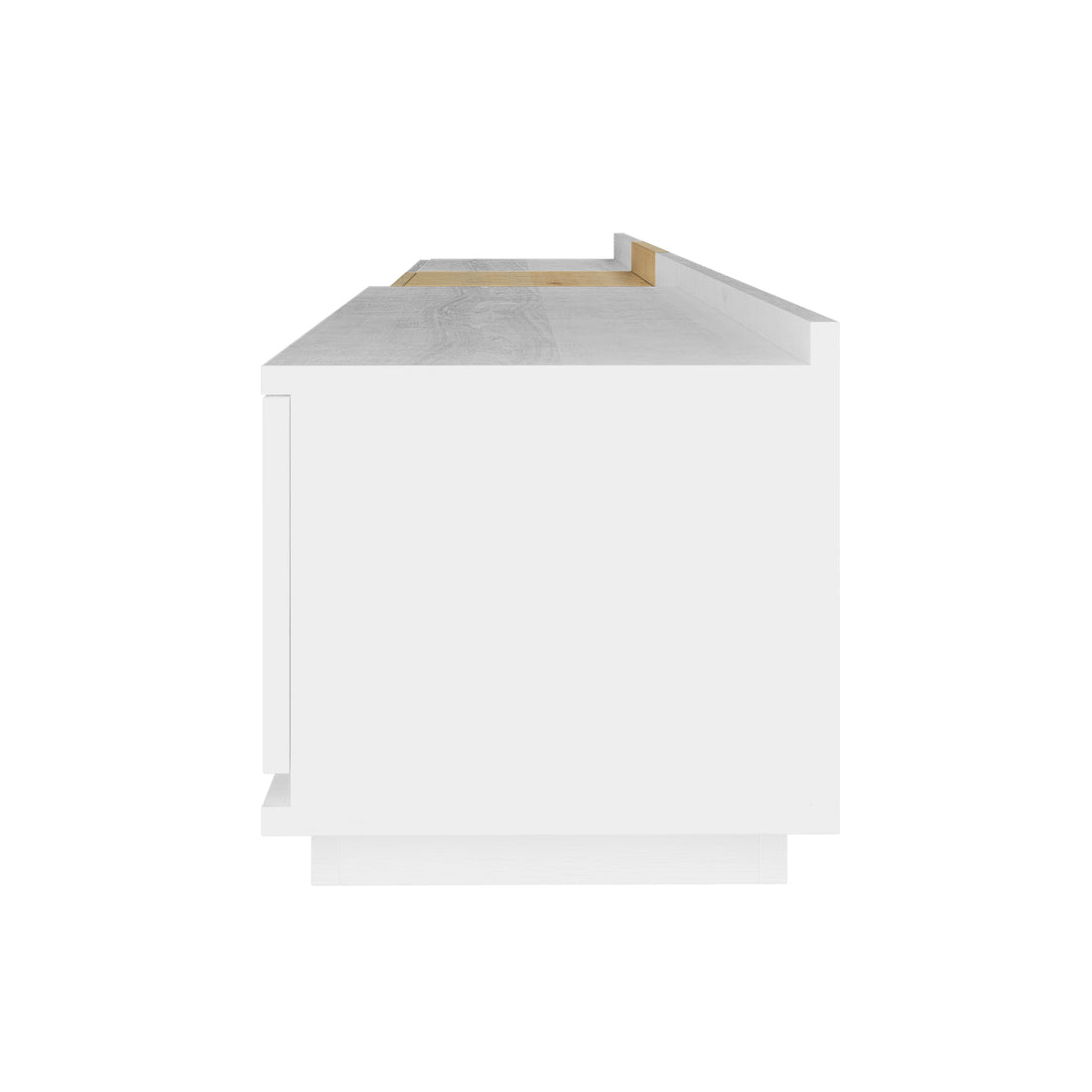 Freda 280cm Modular Entertainment Unit - White & Natural features a matte white finish with a light wood-tone top, a raised back edge, recessed shelf, and a plinth base for a minimalist look.