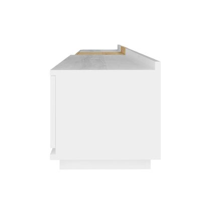 Freda 280cm Modular Entertainment Unit - White & Natural features a matte white finish with a light wood-tone top, a raised back edge, recessed shelf, and a plinth base for a minimalist look.