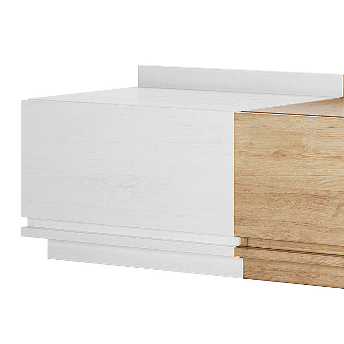 Close-up of Freda 120cm Coffee Table in White & Natural, featuring a two-tone wooden panel with a horizontal groove, part of a minimalist design with integrated storage for modern interiors.