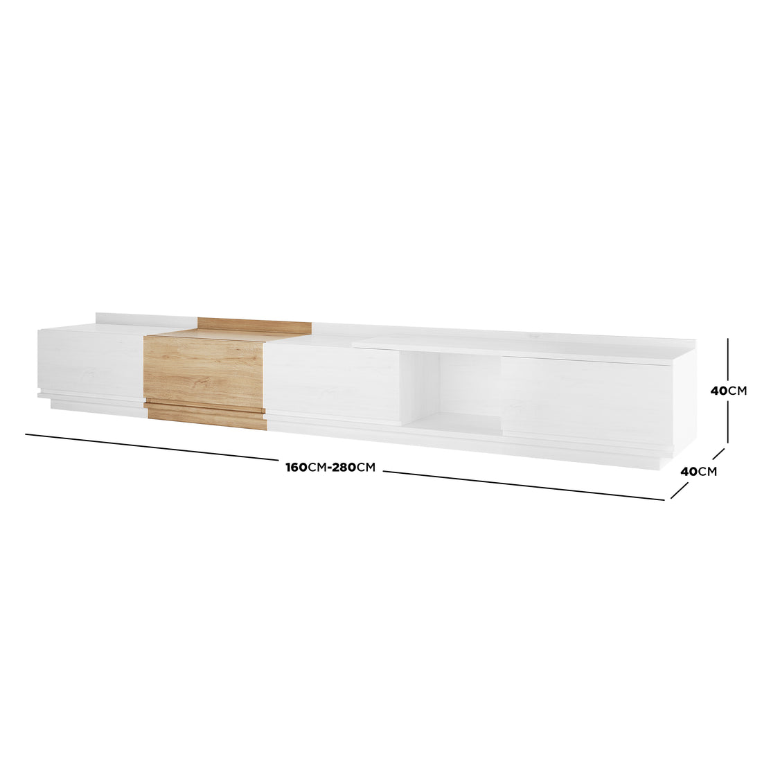 Freda 280cm Modular Entertainment TV Unit in White & Natural, featuring adjustable width, sliding doors, and open cubby, blending white and natural wood tones for a sleek, modern appearance.