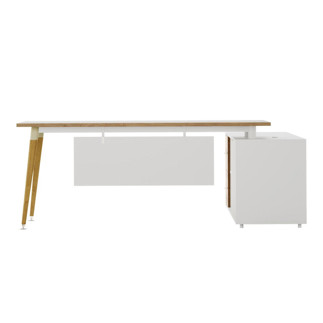 Fultona Corner Home Office Desk with Drawers & Storage in White features a minimalist design with a slim oak-veneer top, tapered wood legs, and a white storage cabinet with drawers.