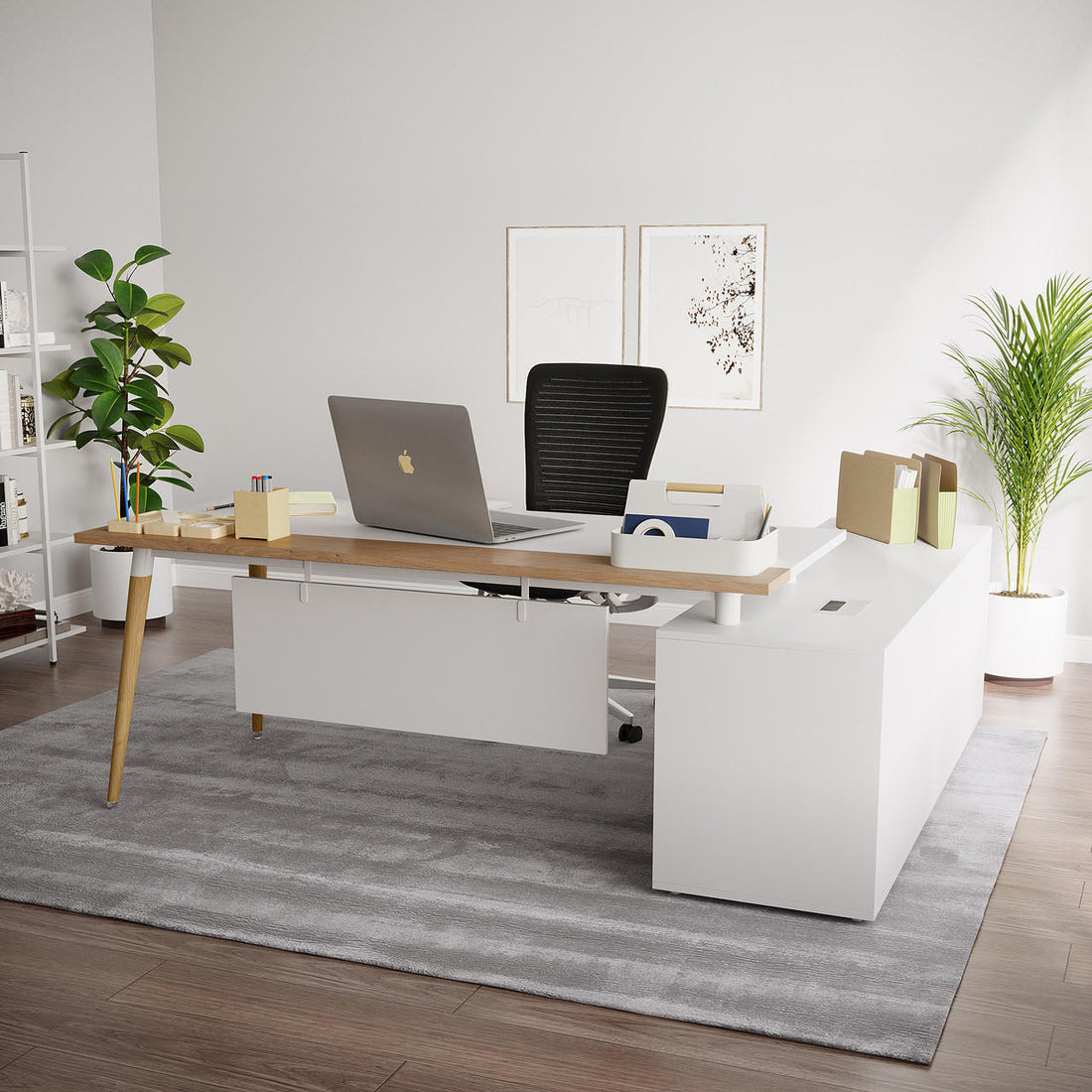 Fultona Corner Home Office Desk with Drawers & Storage in White, featuring a two-tone design, silver laptop, stationery caddy, desktop organizer, and upright file holders, set on a soft gray rug.