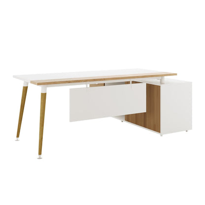 Fultona Corner Home Office Desk with Drawers & Storage in White, featuring L-shaped design, tapered wood legs, modesty panel, integrated cabinet with pull-out drawer, open cubby, and sleek white finish.