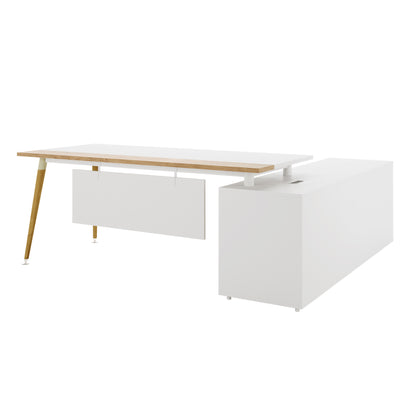 Fultona Corner Home Office Desk with Drawers & Storage in White features a modern design with a white top, angled wooden legs, and a storage pedestal, offering a sleek, minimalist workspace.
