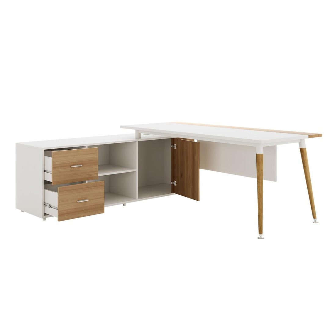 Fultona Corner Home Office Desk with Drawers & Storage in White; L-shaped, white tabletop with wood-tone legs, attached to storage unit with wood-front drawers, open shelves, and cabinet.