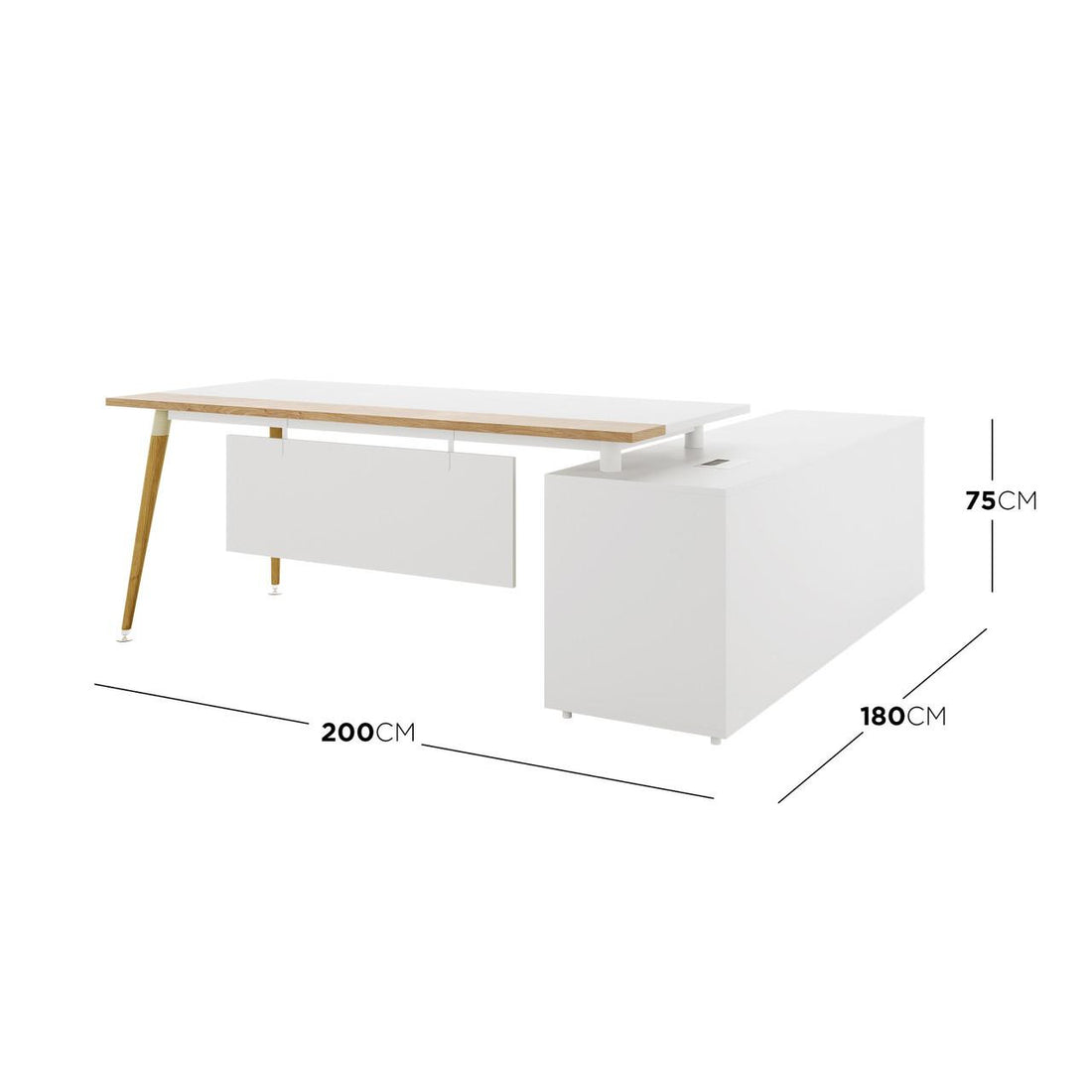 Fultona Corner Home Office Desk with Drawers & Storage in White, featuring an L-shaped design, white work surface, wooden legs, box-style storage module, modesty panel, and integrated side storage unit.
