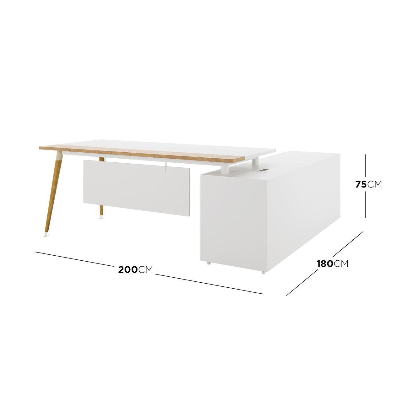 Fultona Corner Home Office Desk with Drawers & Storage in White, featuring an L-shaped design, white work surface, wooden legs, box-style storage module, modesty panel, and integrated side storage unit.