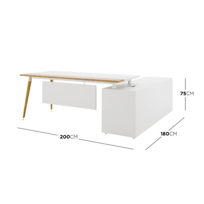 Fultona Corner Home Office Desk with Drawers & Storage in White, featuring an L-shaped design, white work surface, wooden legs, box-style storage module, modesty panel, and integrated side storage unit.