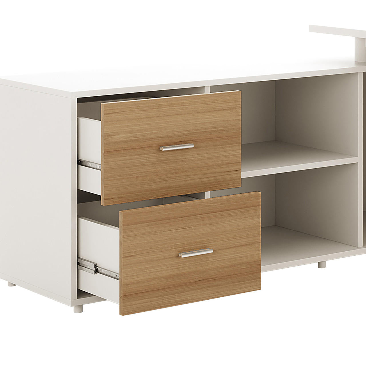 Fultona Corner Home Office Desk with Drawers & Storage in White features a modern design with two partially open wood-grain drawers and two open shelves, set in a sleek, white frame.