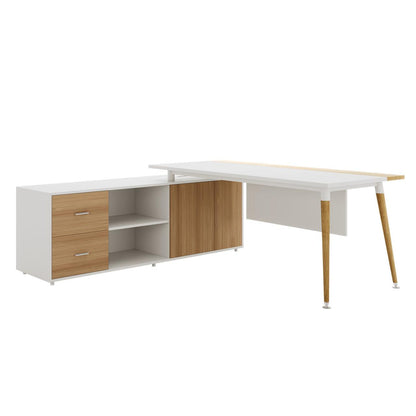 Fultona Corner Home Office Desk with Drawers & Storage in White features an L-shaped design, white finish, natural wood-tone accents, two drawers, open shelving, and a double-door cupboard for organized workspace.
